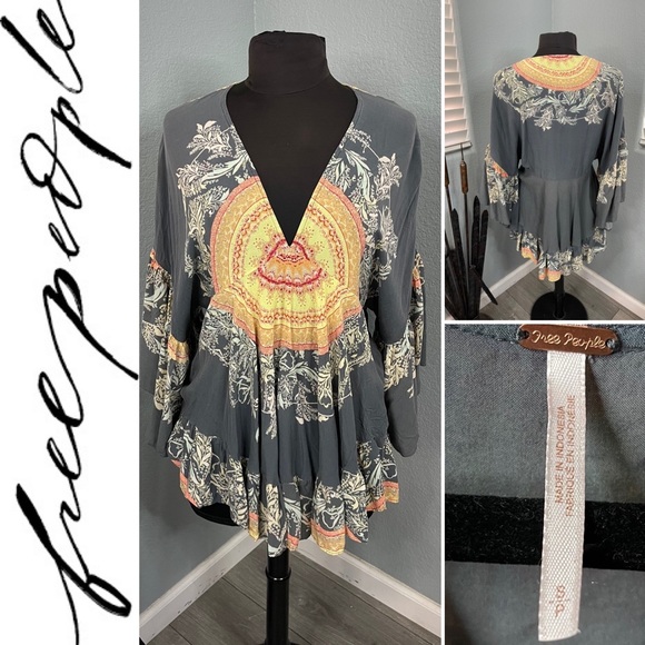 Free People Boho sleeved tunic. Gray with yellow details. Size small. - Picture 2 of 2